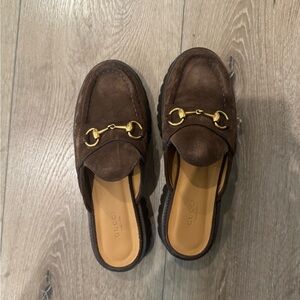Gucci Women’s Suede Loafer Slides in Brown Suede-  with Gold Hardware